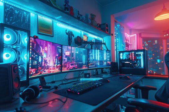 Futuristic gaming setup with neon lights and triple monitors
