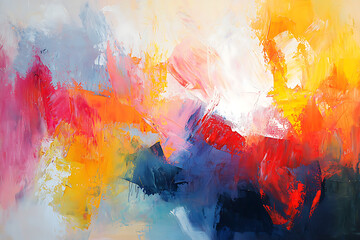 Colorful Abstract Painting with Energetic Splatters in Blue, Red, and Yellow on a White Background