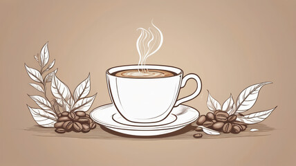 Hand-drawn coffee cup with steaming hot drink, flanked by coffee beans and leaves, vintage style illustration.
