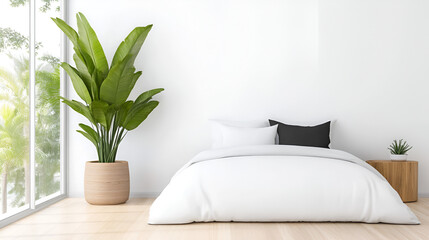 Minimalist Bedroom Mockup with White Bed and Tropical Plant