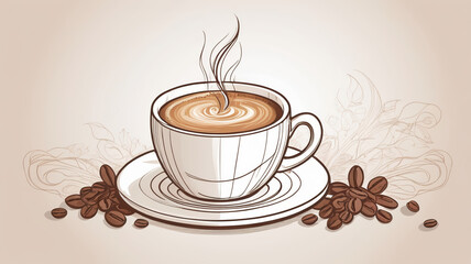 Hand-drawn coffee cup with steaming latte, surrounded by coffee beans and floral elements, vintage style illustration.
