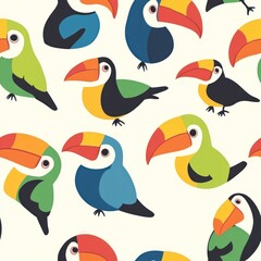 Obraz premium A colorful pattern featuring various cartoon-style toucans on a light background.
