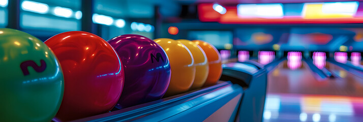 Close-up view of brightly colored bowling balls neatly arranged on a rack in a well-lit, modern bowling alley