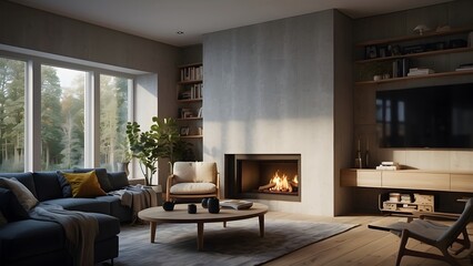 Fototapeta premium Modern fireplace minimalist scandinavn inspired living room interior design, dark color theme, home decor interior architecture 