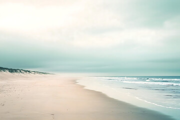 Serene Beach with Gentle Tide, Soft Pastel Sand and Water Gradients Under a Vast Sky