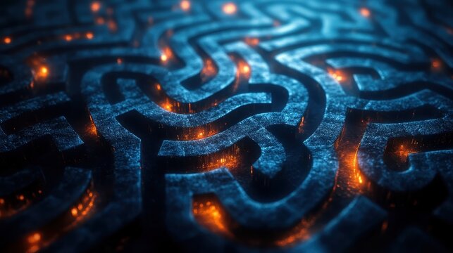 A maze with a blue background and orange lights - Powered by Adobe