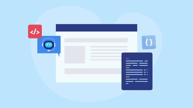 AI coding assistant for software programming and web development application testing and bug fixing conceptual video animation.