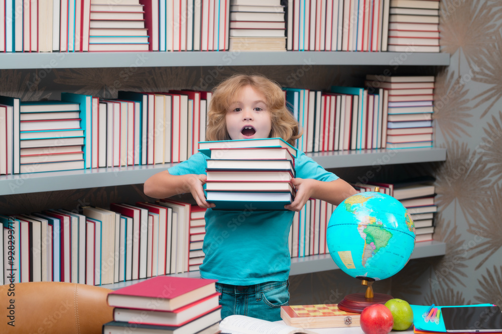 Poster school boy with stack of books in library. nerd pupil. clever child from elementary school with book