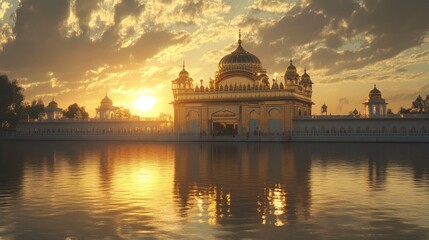 Obraz premium Golden dome of a Sikh gurdwara glowing brightly at sunset, reflecting in the calm waters of the holy pond, capturing a moment of divine peace