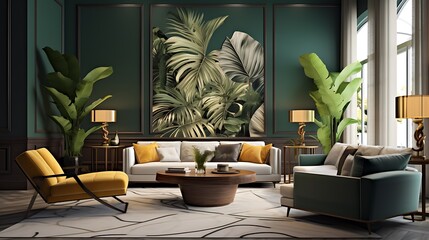Stylish living area featuring a botanical wall and modern decor