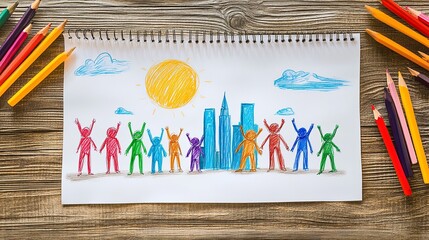 Charming Child's Artwork Depicts a Team of Superheroes Saving the City Under a Shining Moon, Drawn on White Paper on a Wooden Table