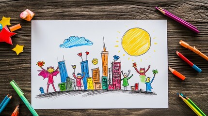 Charming Child's Artwork Depicts a Team of Superheroes Saving the City Under a Shining Moon, Drawn on White Paper on a Wooden Table