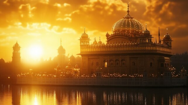 Golden dome of a sacred Sikh gurdwara shimmering in the light of dawn, capturing the essence of spirituality and serenity