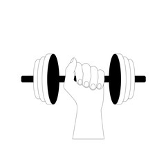 Dumbbell in hand. Sports and fitness. Line art hand drawn black and white vector illustration isolated on white background