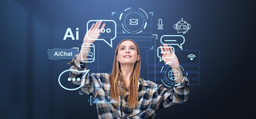 Woman interacting with AI chat interface on transparent screen.