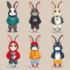Fototapeta premium A group of cartoon rabbits dressed in casual streetwear outfits.