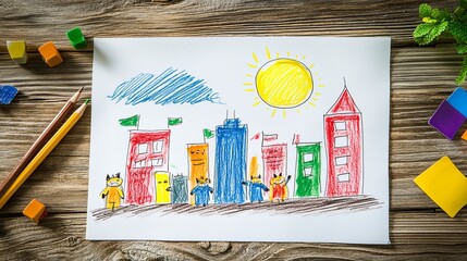 Charming Child's Artwork Depicts a Team of Superheroes Saving the City Under a Shining Moon, Drawn on White Paper on a Wooden Table