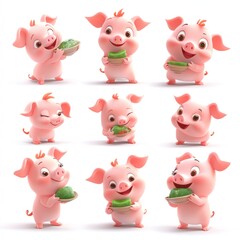 A collection of cute cartoon pigs enjoying green food in various cheerful poses.