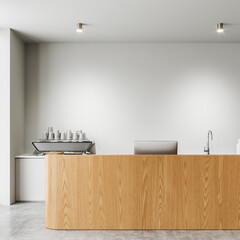 Modern cafe interior with island and cooking space, mockup wall