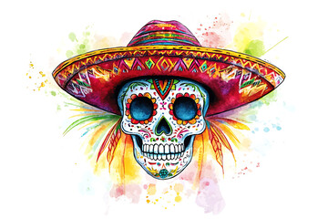 A vibrant and colorful sugar skull wearing traditional sombrero, exuding festive and lively spirit. intricate designs and bright colors evoke sense of celebration.