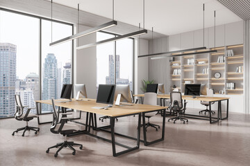 Modern open office space with large windows and city view. 3D Rendering