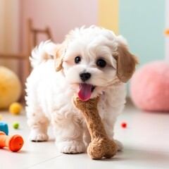 Obraz premium cute small puppy playing with bone toy