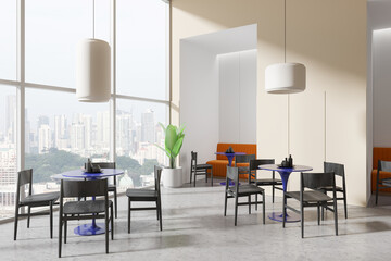 Stylish cafeteria interior with chairs and tables in row, panoramic window