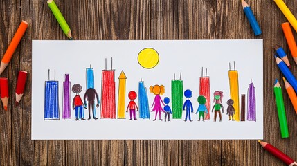 Charming Child's Artwork Depicts a Team of Superheroes Saving the City Under a Shining Moon, Drawn on White Paper on a Wooden Table