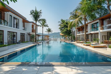 Empty swimming pool surrounded by palm trees at the entrance of an outdoor resort hotel in Thailand with white tiles and concrete floors.