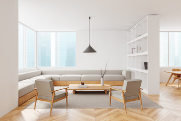 Stylish home living room interior with relaxing and dining zone, window