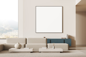 Blank poster mockup in a modern living room with minimalistic design. 3D Rendering