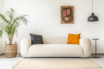 Modern living room interiors in neutral and warm tones with elegant furniture. Luxury residential Real Estate interior design.