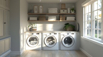 Minimalist laundry room with countertop over washer and dryer, open shelves, soft gray color palette.