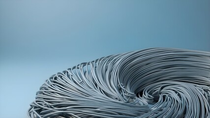 Several wires arranged in a light blue spiral arrangement on a light blue backdrop. Conceptual design for presentation backgrounds and wallpapers, using 3D rendering