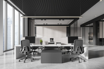 Modern open-space office interior with a city view. 3D Rendering