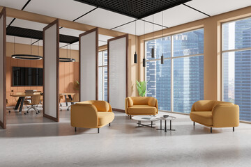 Cozy office room interior with relax and conference zone, panoramic window