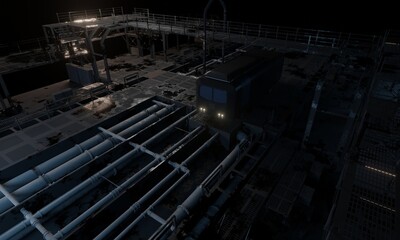 Hallway in military base with pipelines under floor 3d rendering science fiction wallpaper background