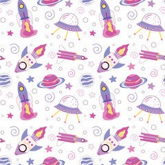 Seamless pattern featuring rockets, UFOs, planets, and stars in a playful, colorful design. Ideal for children's textiles, wallpaper, and space themed products, adding a fun and whimsical touch.