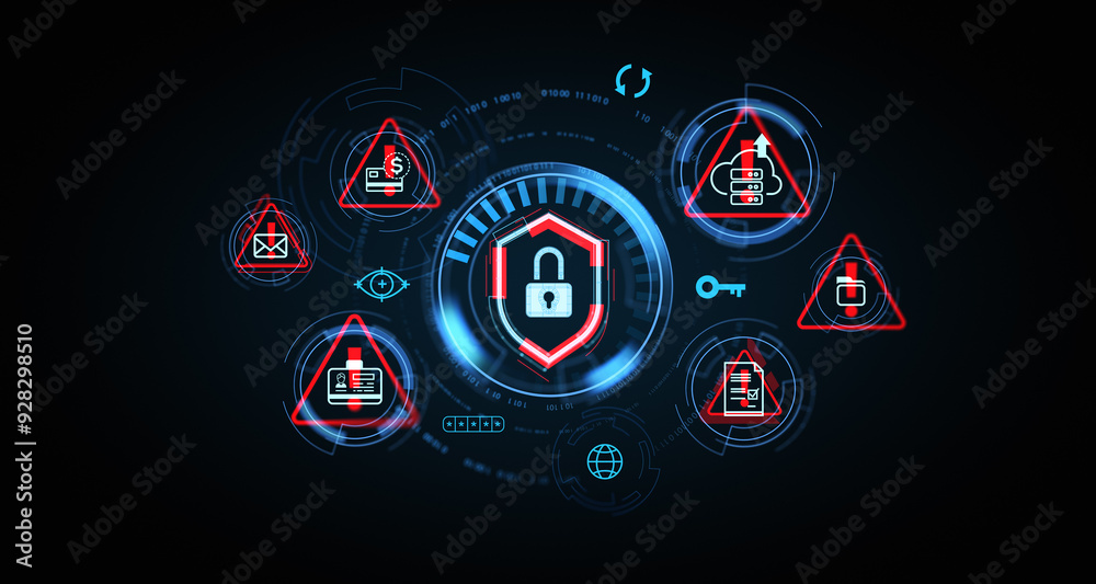 Poster cybersecurity icons with digital lock on futuristic interface. 3d rendering