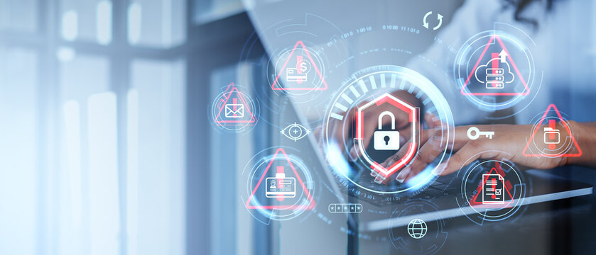 Black woman hands on laptop, padlock shield icon, threat and system alert