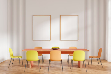 Colored home living room interior with dining table and chairs. Mockup frames