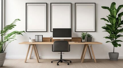 Fototapeta premium A white office desk with a black chair and a computer monitor