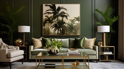 Stylish living room featuring elegant olive green and gold accents