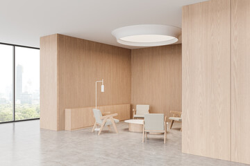 Minimalist office interior with rest zone and coffee table, panoramic window