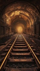 A haunting view of an empty train tunnel with glowing light at the end, evoking mystery and anticipation.