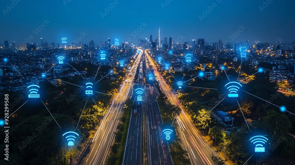 Poster smart city network and futuristic technology with glowing wifi symbols above a highway in a modern c