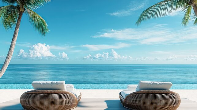 Two lounge chairs are on a beach next to a pool and ocean