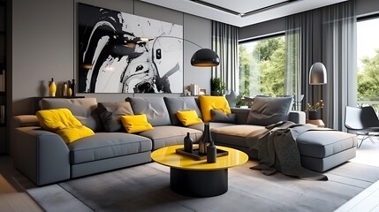 Stylish living room in a contemporary gray and yellow theme