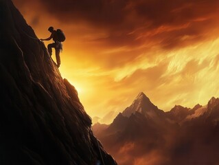 A climber ascends a steep mountain at sunset, embodying adventure and the spirit of exploration against a stunning backdrop.