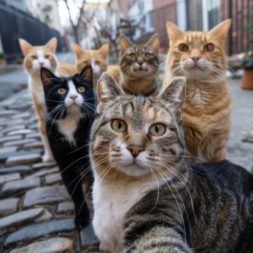 Several cats of different breeds pose together and appear to take a selfie, standing on an old cobblestone street.